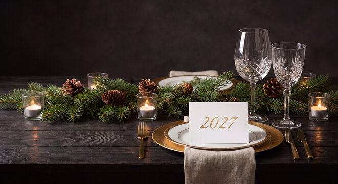 Classy dining table setting decorated for New Year holiday celebration with a paper place card displaying 2027 alongside wine glasses and fir garland