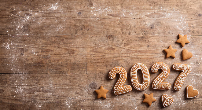 Happy New Year 2027 number cookies made of gingerbread resting on a rustic wooden background with star decorations