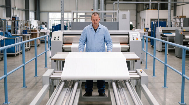 Operator supervising a commercial linen finishing line