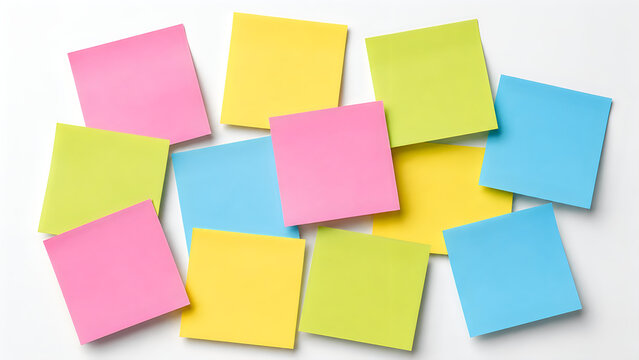 Colorful sticky notes collection, vibrant adhesive paper squares for office organization, multi-colored memo pads for brainstorming and reminders isolated on White Background ai