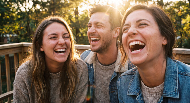 Three joyful friends sitting together outside laughing heartily during sunny golden hour sunset time