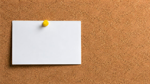 Blank white note card pinned to cork board, empty paper reminder with yellow push pin, textured brown corkboard for office organization and messages isolated on White Background ai