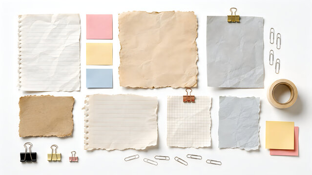 Vintage torn paper collection with scrapbooking elements, rustic aged paper scraps and stationery set, antique textured paper notes with clips isolated on White Background ai