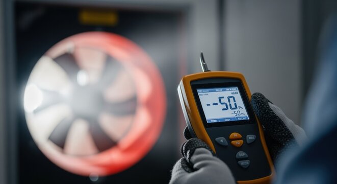 Close view of handheld manometer readings as blowerdoor fan circulates air for comprehensive airtightness diagnostics in building envelope.