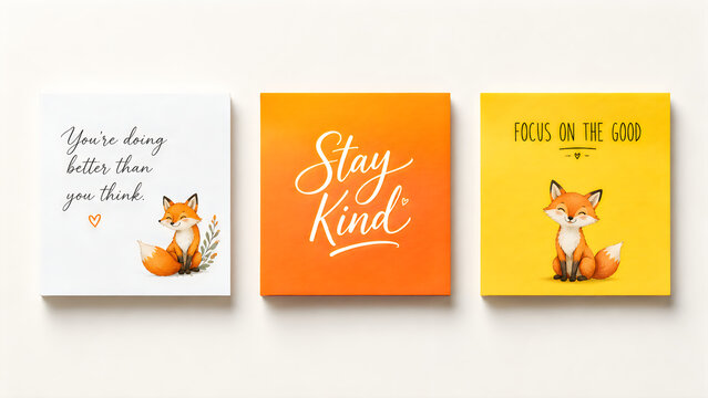Inspirational fox art prints with motivational quotes, set of three square canvas wall decor, cute animal illustrations with stay kind message isolated on White Background ai