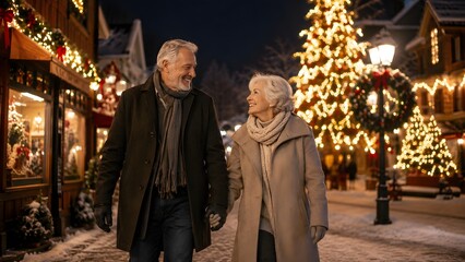 Obraz premium A senior couple walks hand-in-hand through a charming, snow-covered street illuminated by festive Christmas lights and a towering decorated tree, evoking warmth and holiday cheer.
