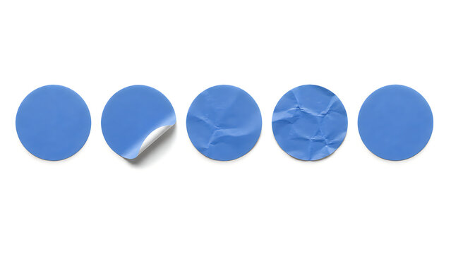 Blue round paper stickers set, collection of five circular adhesive labels with wrinkled and peeled textures, realistic blue paper decals for branding isolated on White Background ai