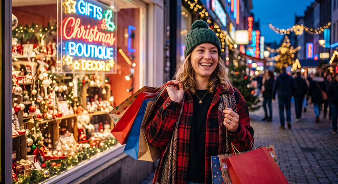 A cheerful young woman in a winter hat holding multiple colorful shopping bags while walking along an illuminated Christmas market street