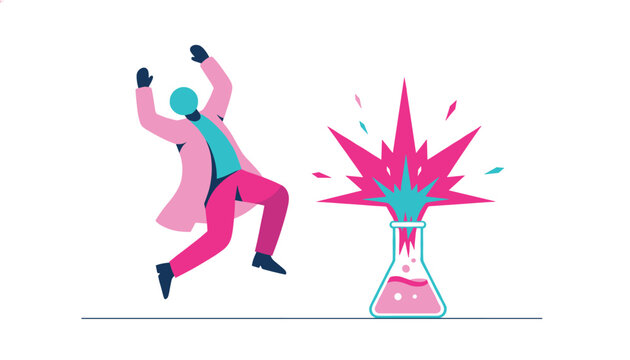 Scientist in a lab coat recoiling in shock from a sudden chemical explosion erupting from a laboratory beaker during an experiment.