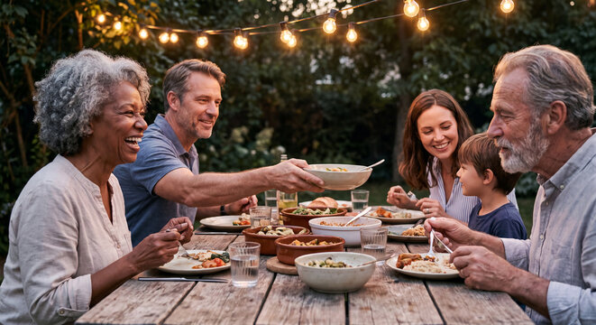 A happy multigenerational family enjoying a delicious outdoor dinner together at a wooden table decorated with string lights