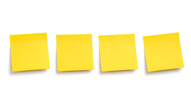 Yellow sticky notes in a row, four blank adhesive paper squares for office reminders, bright stationery memo pads for business planning and organization isolated on White Background ai
