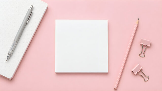 Minimalist white notepad mockup on pink background, blank square paper for notes, feminine office stationery with pen and pencil isolated on White Background ai