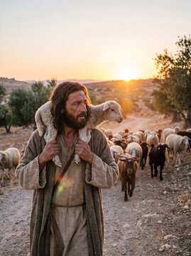 Jesus Christ depicted as the Good Shepherd carrying a young lamb on his shoulders while walking among his flock during a warm sunset.