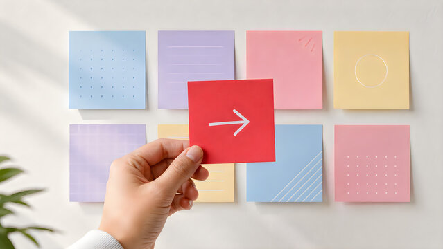 Colorful sticky notes on wall with hand holding red arrow note, creative brainstorming session and project management concept, pastel office supplies isolated on White Background ai