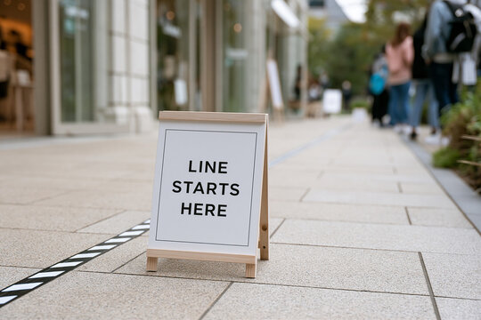 LINE STARTS HERE A-frame sign in an outdoor shopping area