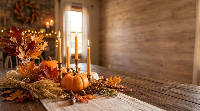 Rustic Thanksgiving Table Decoration with Pumpkins, Candles and Autumn Harvest Background