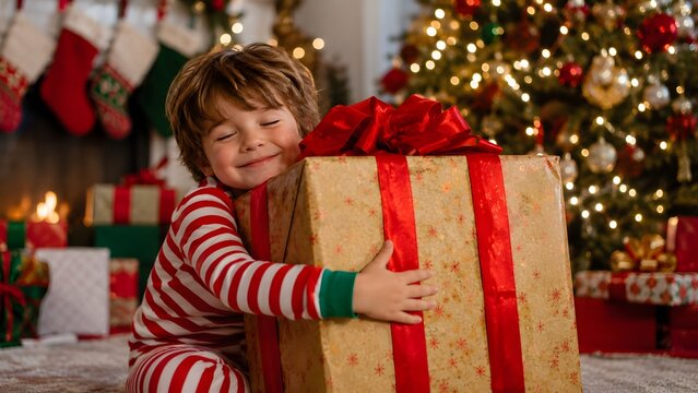 A happy child in striped pajamas embraces a large Christmas gift, eyes closed in joyful anticipation, with a decorated tree and stockings in the background.