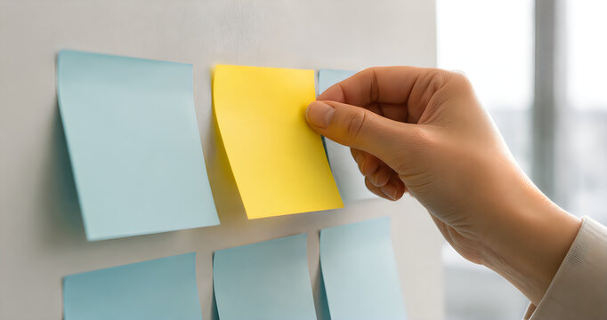 Yellow sticky note on office wall, hand placing adhesive paper for project management, colorful sticky notes for agile brainstorming and planning isolated on White Background ai