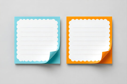 Colorful adhesive sticky notes with scalloped edges, blue and orange paper memo pads for reminders, lined stationery for office organization isolated on White Background ai