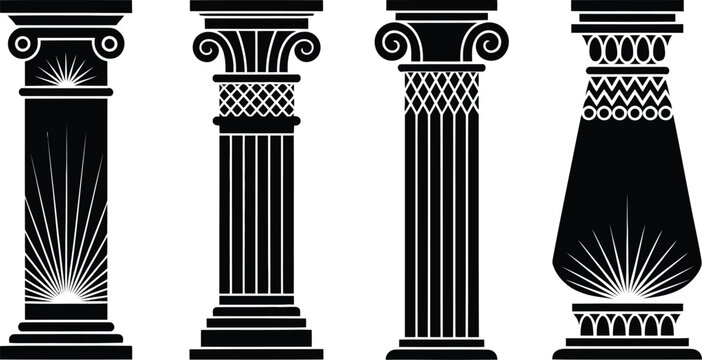 Collection of four distinct ancient architectural columns with decorative details isolated on transparent background