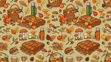 Naklejka premium Seamless pattern with autumn elements including squirrels, hedgehogs, mushrooms, picnic baskets, and plaid blankets
