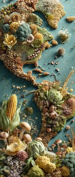 Earth's abundance in color: highlighting nutrition and sustainable farming. Premium design. A creative earth map display celebrating world food day with natural ingredients. Elegant outfit.