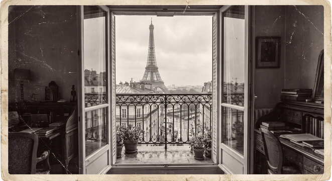 A monochrome vintage style photograph looking out from an open balcony window towards the iconic Eiffel Tower in Paris France