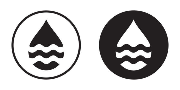 Water conservation signs with droplet and waves inside circular buttons for eco friendly lifestyle.