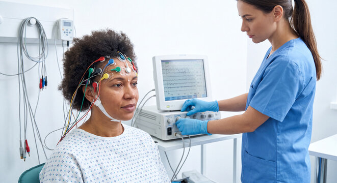 A healthcare worker attaching EEG electrodes to patient head to record brain wave activity during neurological examination