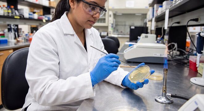 Professional female microbiologist using tool to inoculate sample into agar dish inside clinical research lab