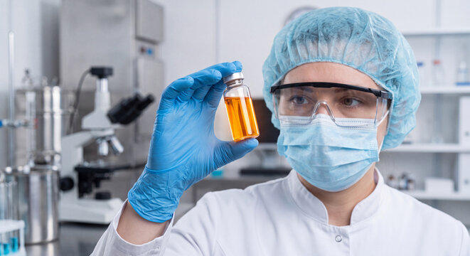 Female scientist wearing safety hairnet and mask holds glass vial filled with yellow liquid for inspection