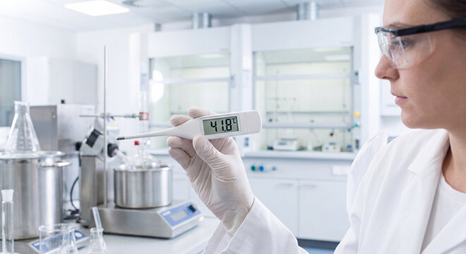 Close up profile of female scientist wearing safety glasses examining digital temperature reader or electronic lab device during scientific research