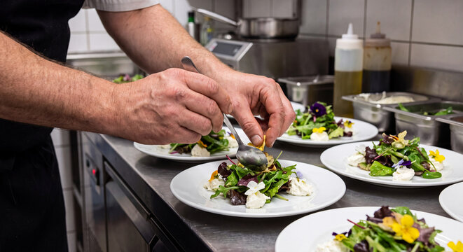 Close up of male chef hands in commercial kitchen meticulously garnishing multiple gourmet salad plates with herbs during busy restaurant service