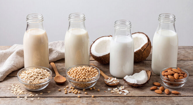 A selection of glass bottles containing non dairy plant based milk varieties like coconut almond and oat milk arranged with ingredients on wooden background