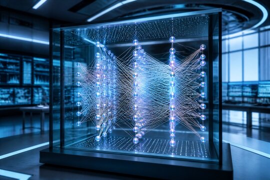 Physical neural network model displayed inside research server room
