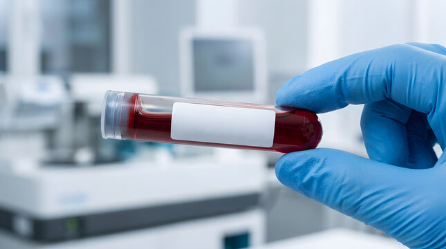 Gloved healthcare worker holding a blood sample tube in a modern medical laboratory for diagnosis, medical testing, infection screening, and public health research