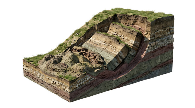 3D cross section of earth layers with soil landslide isolated on white