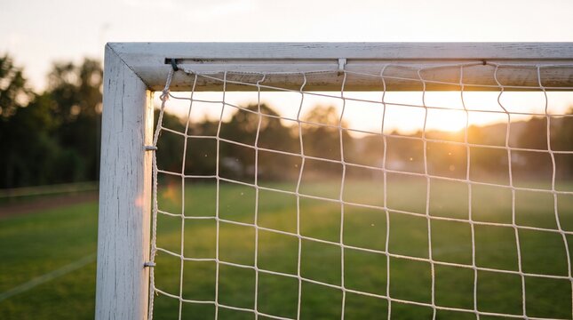 Nahaufnahme der Torecke eines Fu&szlig;balltors mit Tornetz im warmen Goldlicht der goldenen Stunde am Sportplatz