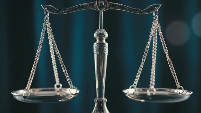 Silver scales of justice on dark blue background.