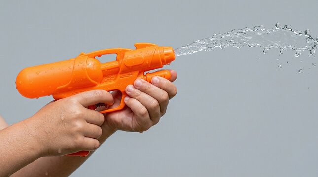 Hands holding an orange water gun spraying a stream of water against a gray background