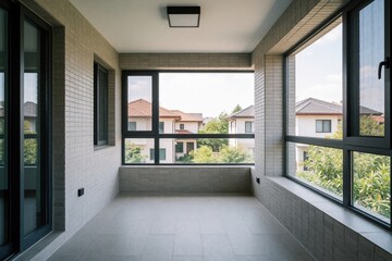 Fototapeta premium Modern empty balcony with large windows, tiled walls and floor. Offers view of residential neighborhood with houses and green trees. Bright space with neutral design.