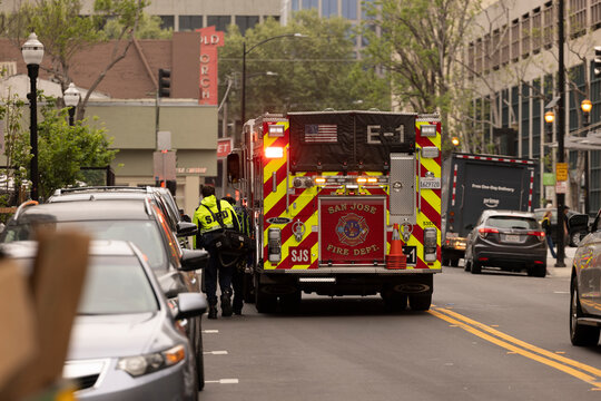 San Jose, California, USA - March 30, 2026: San Jose FIre Department Engine 1 responds to the scene of an emergency on a city street.