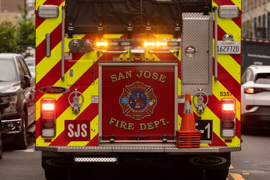 San Jose, California, USA - March 30, 2026: San Jose FIre Department Engine 1 responds to the scene of an emergency on a city street.