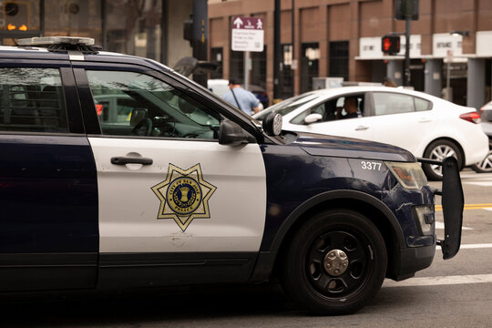 San Jose, California, USA - March 30, 2026: A San Jose Police Department unit patrols the downtown cityscape.