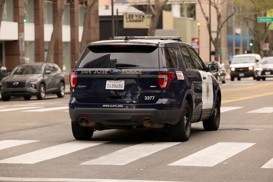 San Jose, California, USA - March 30, 2026: A San Jose Police Department unit patrols the downtown cityscape.