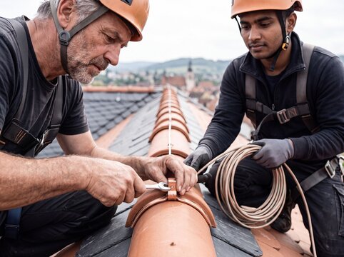 Nahaufnahme wie ein Dachdecker eine Kupfer-Blitzschutzklemme mit Schraubenschl&uuml;ssel am Firstziegel befestigt w&auml;hrend der Kollege das Kabel h&auml;lt