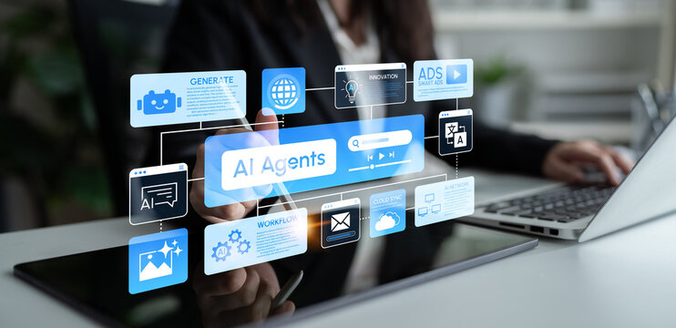 Professional Woman Engaging with Futuristic Technology Interface Displaying AI Agents, Data Analytics, and Digital Marketing Solutions in Modern Office Environment. Entropy.