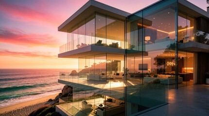 Obraz premium Luxury glass house on ocean cliff at sunset. Modern villa with sea view features multiple levels, balconies, and open interior spaces. Elegant rooms glow with warm light reflecting off glass walls.