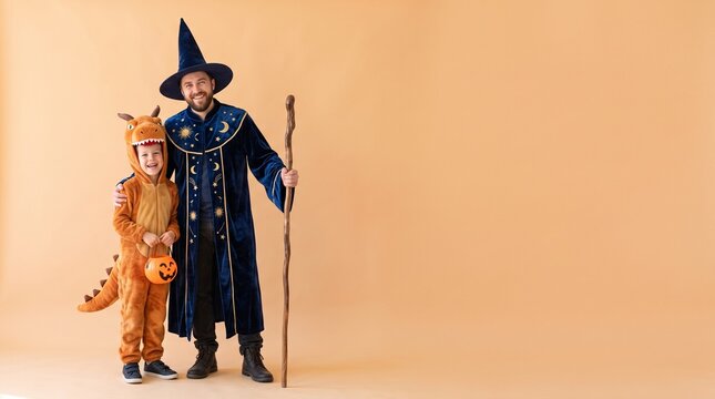 Father and Child Wearing Halloween Costumes on Orange background with Copy Space