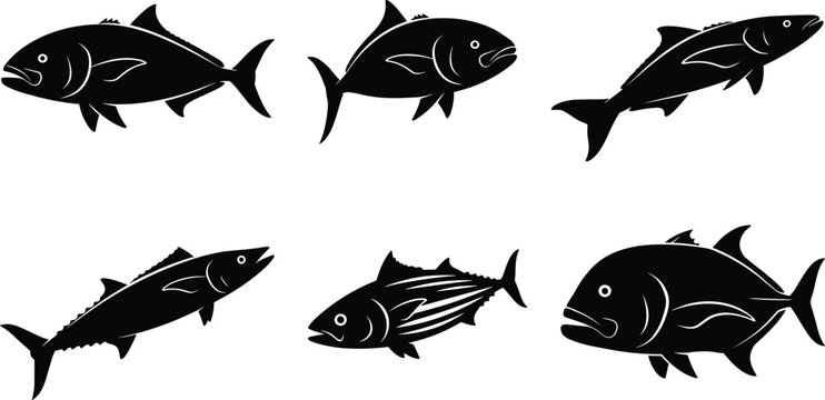 Marine Game Fish Silhouette Vector Set Featuring Tuna Mackerel and Striped Bass Icons